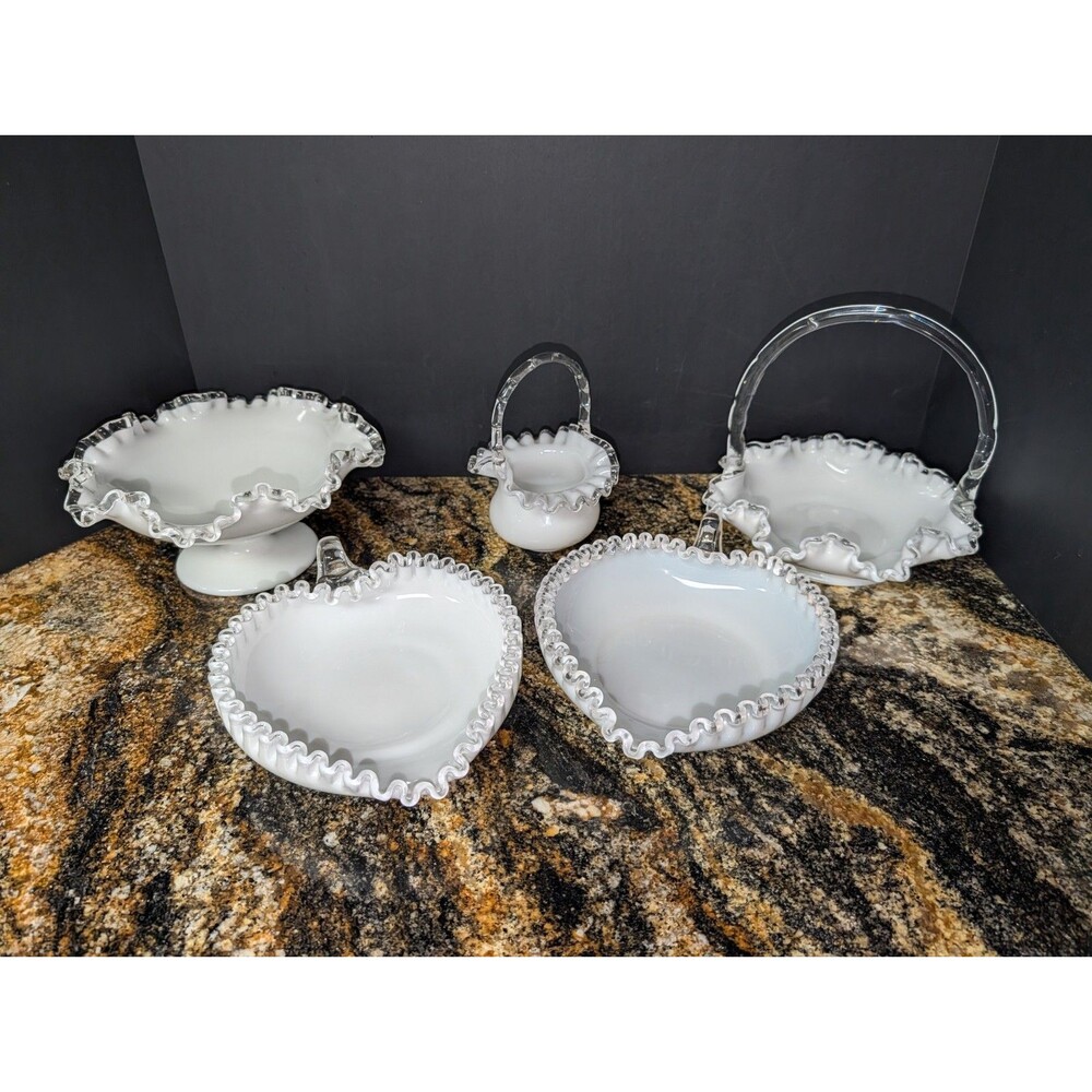 Vintage Fenton Silver Crest Milk Glass Lot Of 5 MCM Retro Decorative Collectible